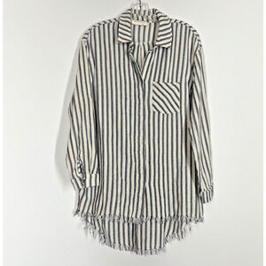 Giddy Up Glamour Tunic Shirt Womens Medium Blue White Striped Fringe Hem Western
